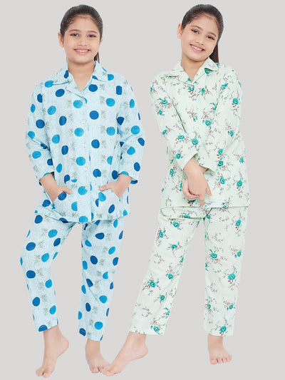 Blue and green printed rayon night suit pack of two for kids.