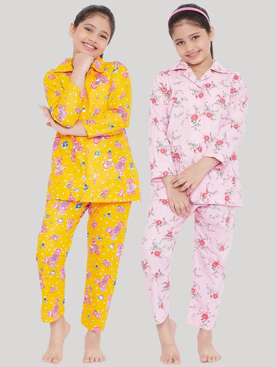Kydzi Mustard & Pink Printed Rayon Nightsuit (Pack of 2)