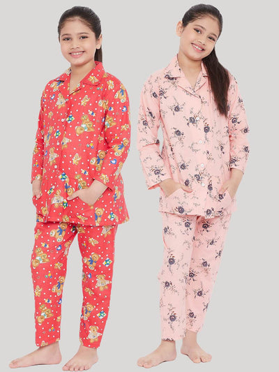 Kydzi Red & Peach Printed Rayon Nightsuit (Pack of 2)