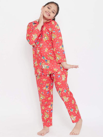 Kydzi Red & Peach Printed Rayon Nightsuit (Pack of 2)