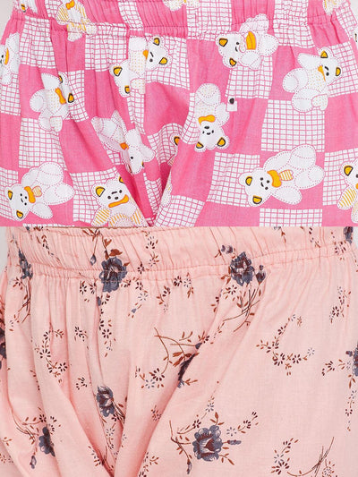 Pink and peach printed rayon night suit pack with cute and floral patterns.