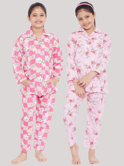 Kydzi Pink & Pink Printed Rayon Nightsuit (Pack of 2)