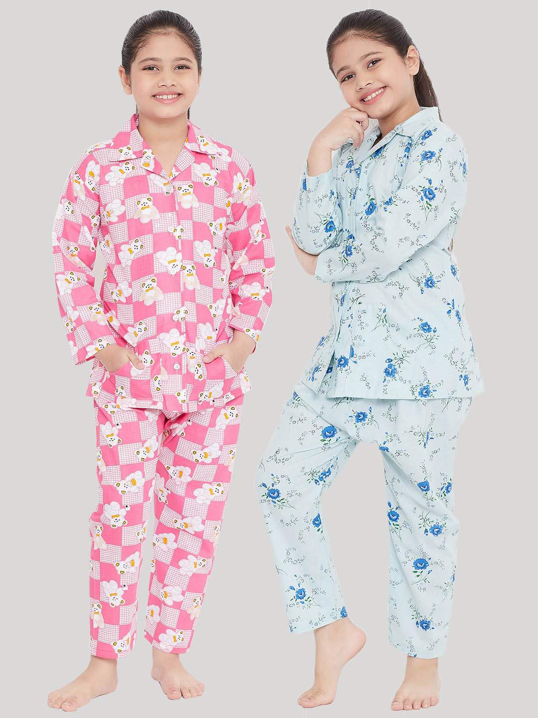 Kydzi Pink & Blue Printed Rayon Nightsuit (Pack of 2)
