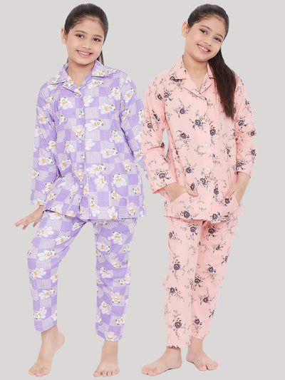 Kydzi Purple & Peach Printed Rayon Nightsuit (Pack of 2)