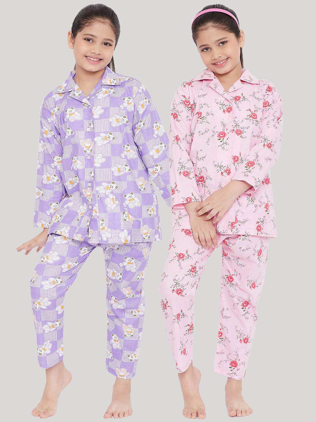 Kydzi Purple & Pink Printed Rayon Nightsuit (Pack of 2)