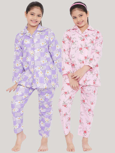 Kydzi Purple & Pink Printed Rayon Nightsuit (Pack of 2)