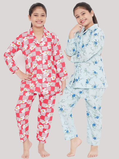 Red and blue printed rayon night suit set of two.