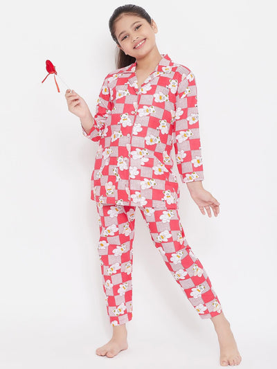 Red and blue printed rayon night suit pack of 2 for kids.