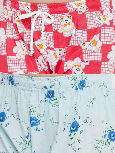 Red and blue printed rayon night suit set for girls featuring playful designs.