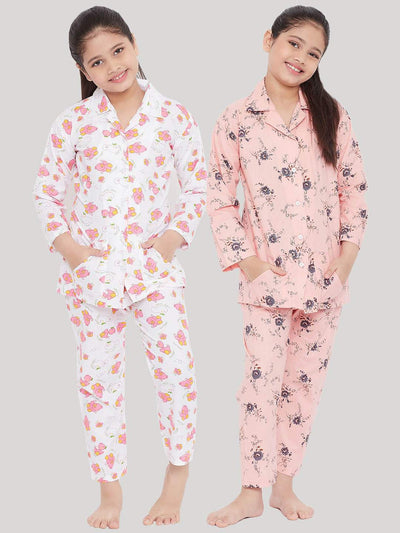 White and peach printed rayon nightsuit pack of 2.