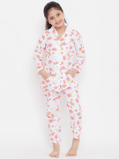 White and peach printed rayon nightsuit, pack of 2, displayed on child model.