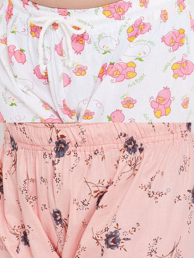 White and peach printed rayon nightsuit pack of 2.