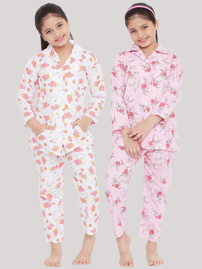 Kydzi White & Pink Printed Rayon Nightsuit (Pack of 2)