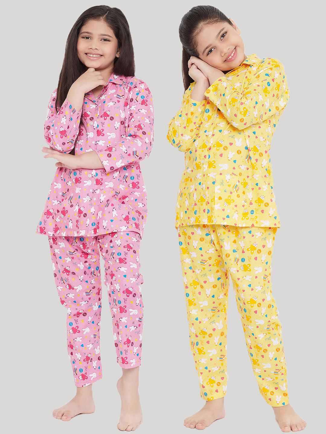 Kydzi Pink & Yellow Printed Rayon Nightsuit (Pack of 2)