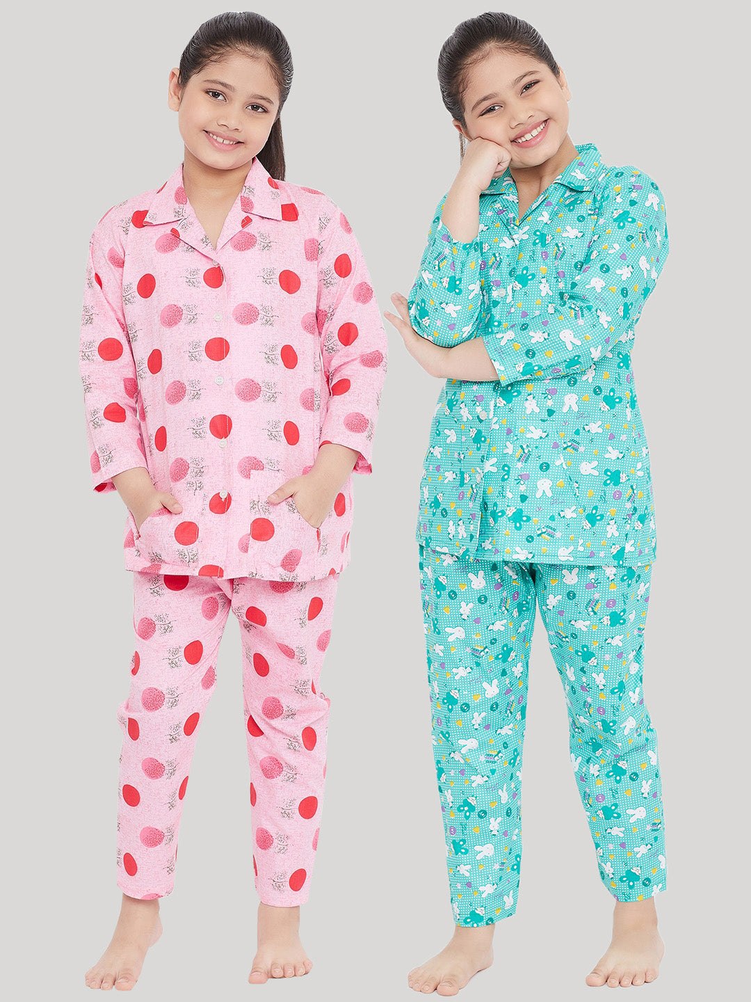 Kydzi Pink & Turquoise Printed Rayon Nightsuit (Pack of 2)