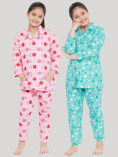 Kydzi Pink & Turquoise Printed Rayon Nightsuit (Pack of 2)