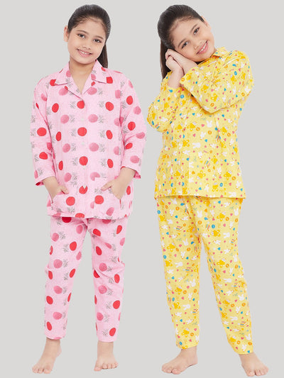 Pink and yellow printed rayon nightsuit pack of 2 for kids.