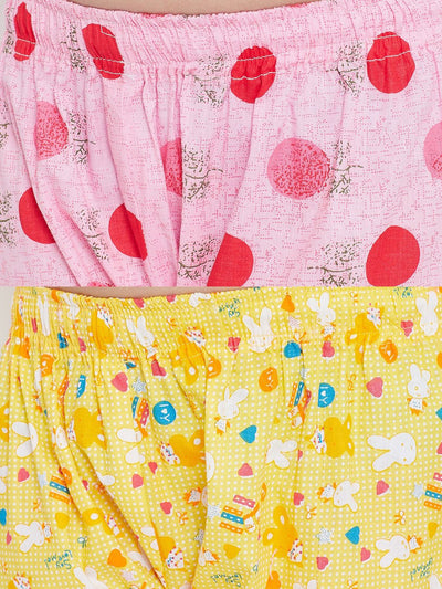 Pink and yellow printed rayon nightsuit pack of 2 with playful patterns.