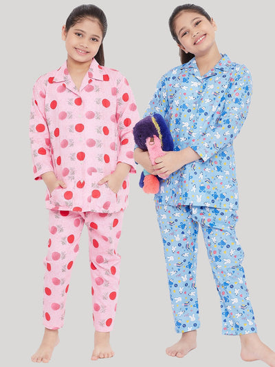 Kydzi Pink & Blue Printed Rayon Nightsuit (Pack of 2)