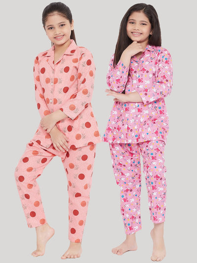 Peach & Pink Printed Rayon Night suit Pack for Girls