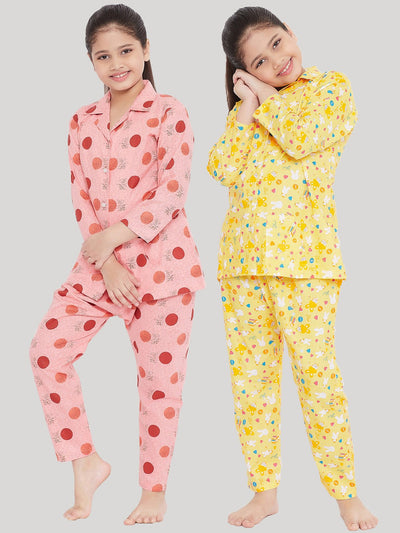 Kydzi Peach & Yellow Printed Rayon Nightsuit (Pack of 2)
