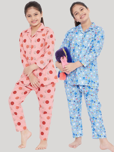 Peach and blue printed rayon nightsuit pack of 2.