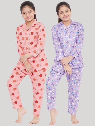 Peach and purple printed rayon nightsuit pack of 2.