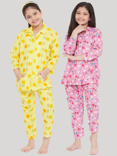 Kydzi Yellow & Pink Printed Rayon Nightsuit (Pack of 2)