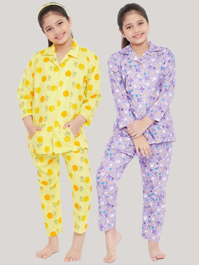 Yellow and purple printed rayon nightsuit pack of 2 for kids.