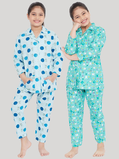 Blue and turquoise printed rayon night suit pack of 2 for kids.