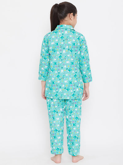 Kydzi Blue & Turquoise Printed Rayon Nightsuit (Pack of 2)