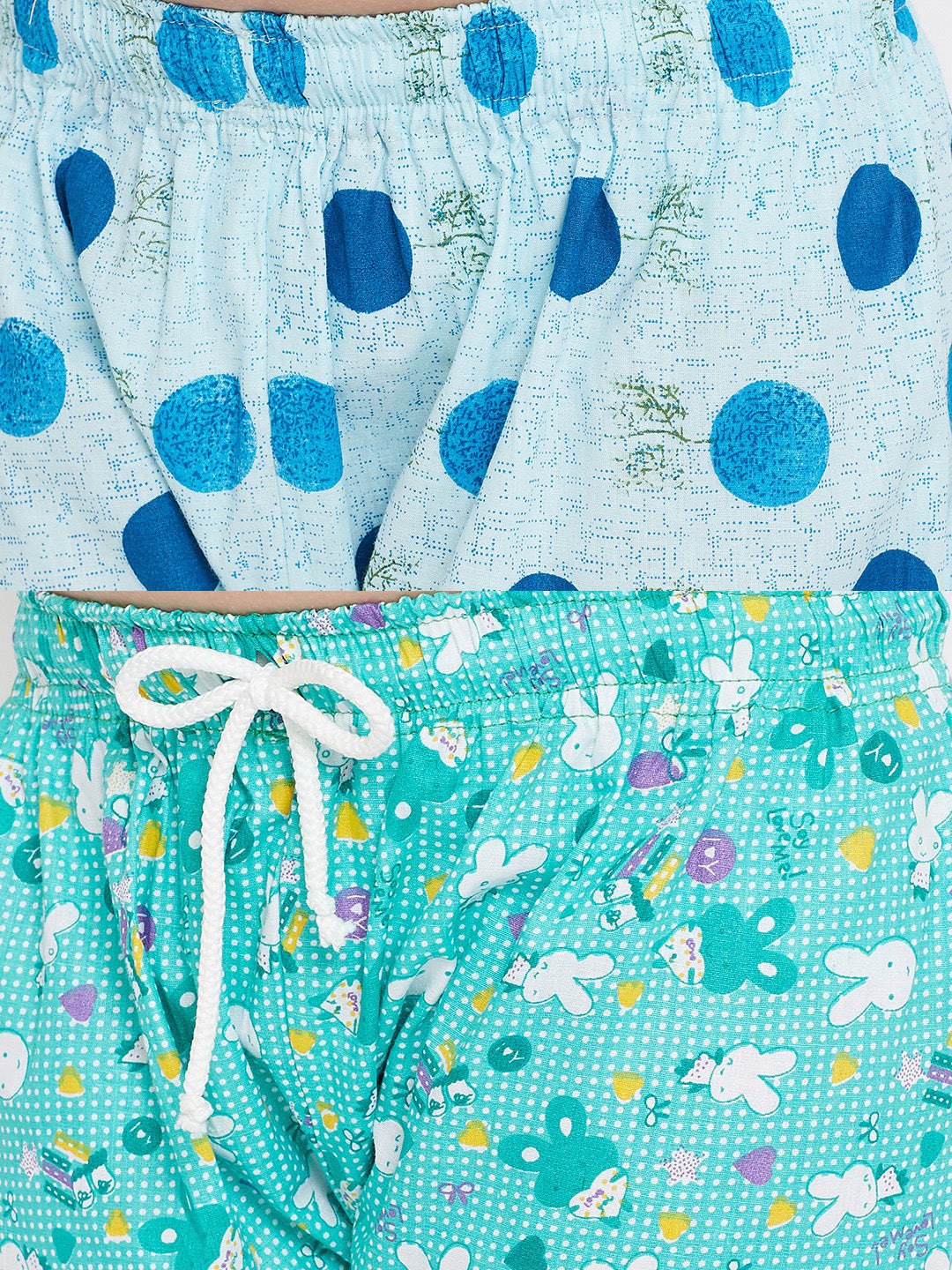 Blue and turquoise printed rayon night suit pack with polka dot and cute animal patterns.