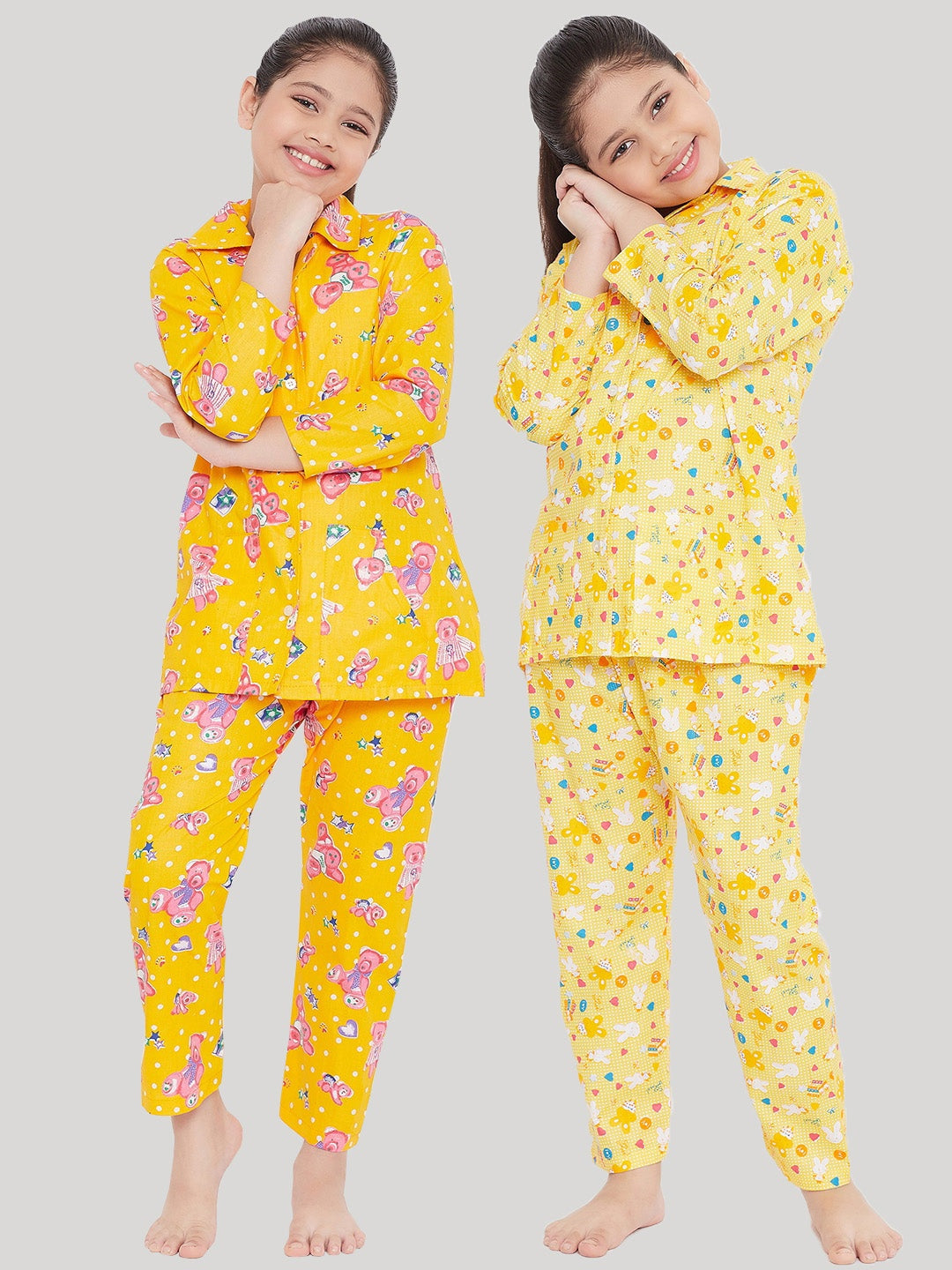 Kydzi Mustard & Pink Printed Rayon Nightsuit (Pack of 2)