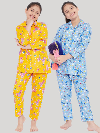 Mustard and blue printed rayon nightsuit pack of two, featuring playful designs.