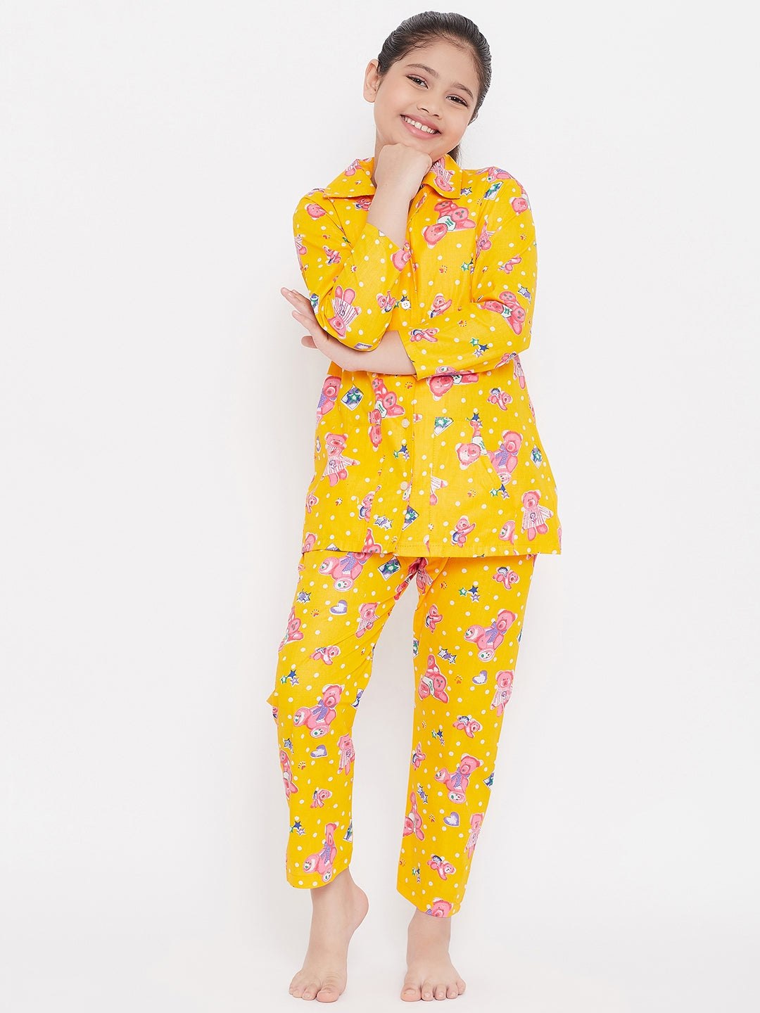 Mustard and blue printed rayon nightsuit pack of two.