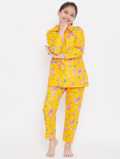 Mustard and blue printed rayon nightsuit pack of two.
