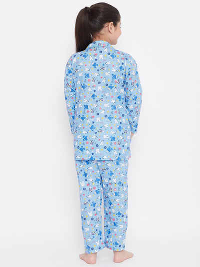 Mustard & Blue Printed Rayon Nightsuit Pack, back view.