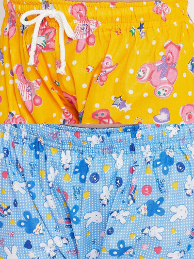 Mustard and blue printed rayon nightsuit pack with playful designs.