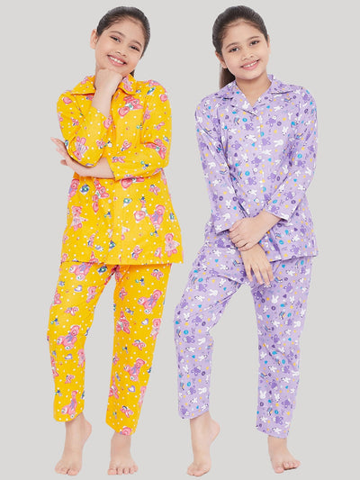 Kydzi Mustard & Purple Printed Rayon Nightsuit (Pack of 2)