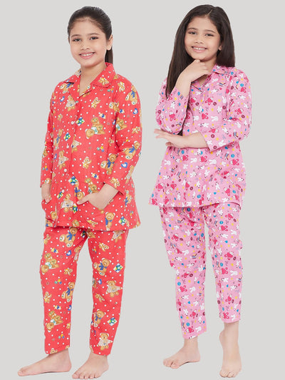 Peach & Pink Printed Rayon Nightsuit Pack of 2 for girls.