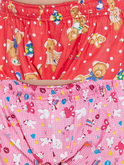 Peach and pink printed rayon nightsuit pack with playful designs.