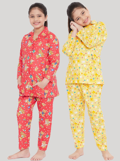 Peach & Yellow Printed Rayon Nightsuit Pack of 2 with playful designs.