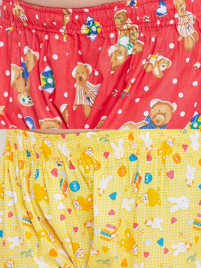 Peach and yellow printed rayon nightsuit pack with teddy bear and bunny designs.