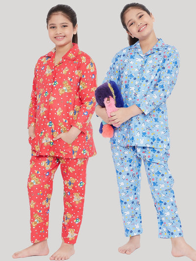 Kydzi Peach & Blue Printed Rayon Nightsuit (Pack of 2)