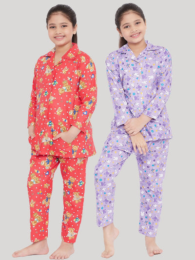 Kydzi Peach & Purple Printed Rayon Nightsuit (Pack of 2)