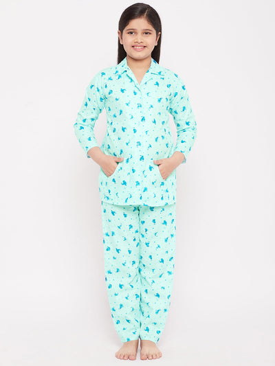 Sky Blue Flower Print Cotton Nightsuit for kids