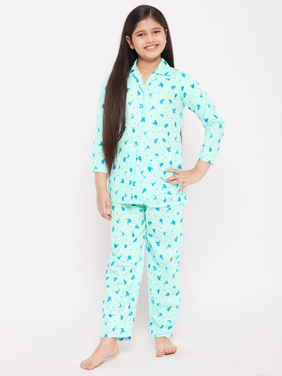 Sky blue flower print cotton nightsuit for kids.