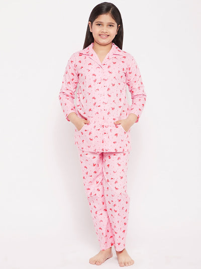 Pink Flower Print Cotton Nightsuit for kids.