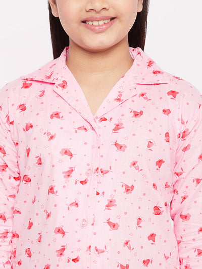 Pink flower print cotton nightsuit with collar.