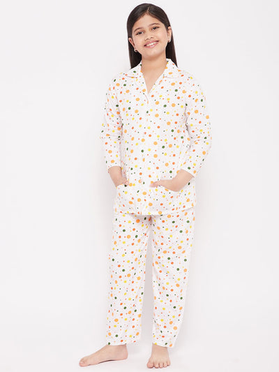Multi Polka Dot Cotton Nightsuit for kids with colorful dots on white fabric.